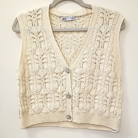 Zara Tops - Zara Women's Knit Waistcoat Bejeweled Button Ivory Cream Vest Sz S